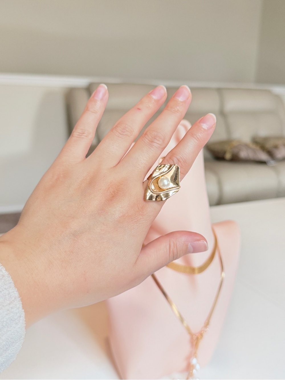 Gold Statement Ring with Pearl Accent
